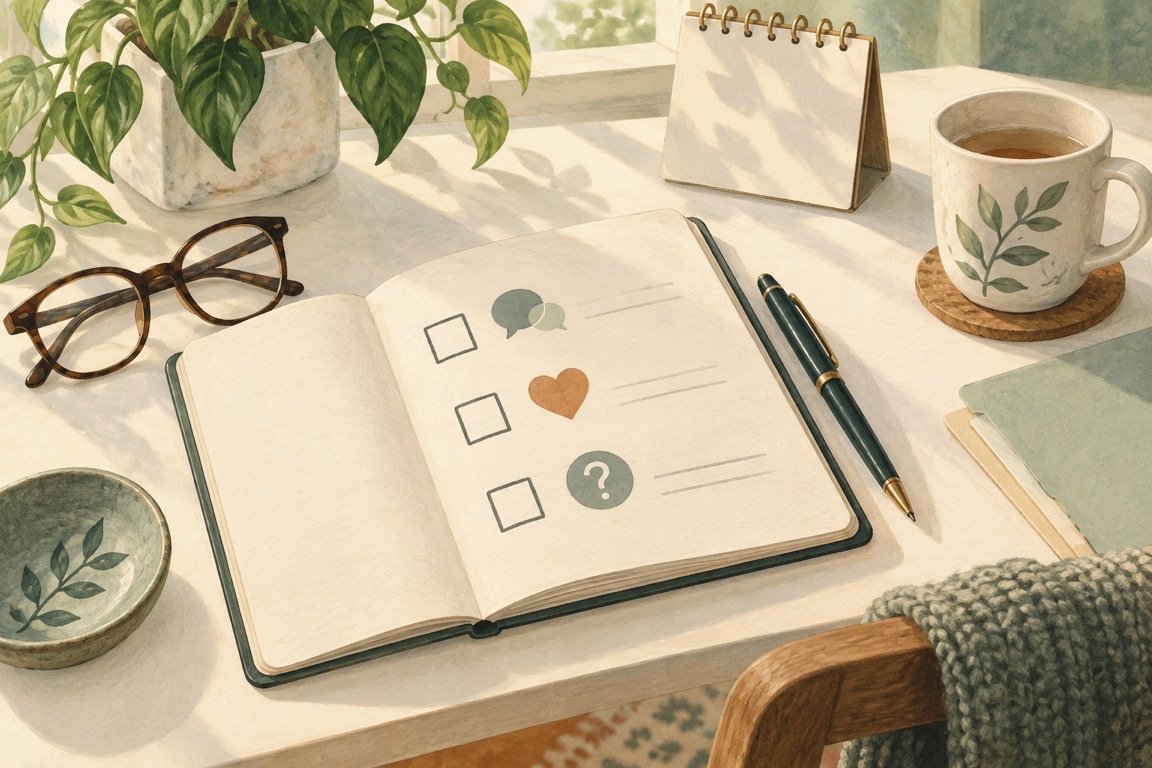 A notebook, pen, glasses and a calendar laid out to prepare questions for an appointment.